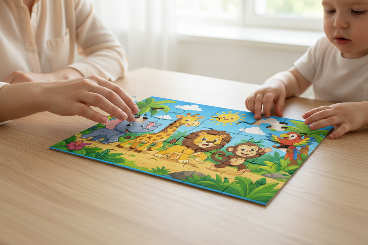 Kitchen-table toddler and adult jigsaw mockup