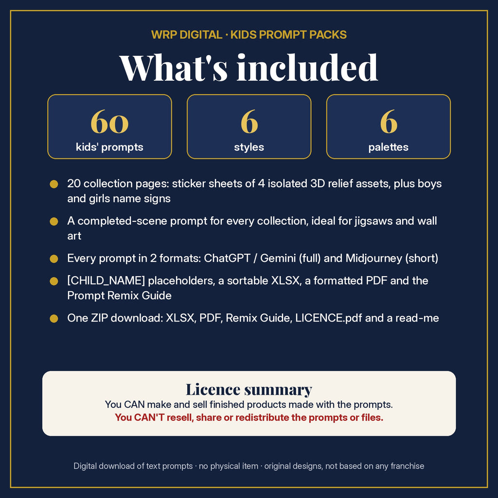 What's included: 60 kids' prompts, 6 styles, 6 palettes, sticker sheets, completed scenes and boys and girls name signs in 2 formats, XLSX and PDF, Prompt Remix Guide, ZIP, and a licence summary