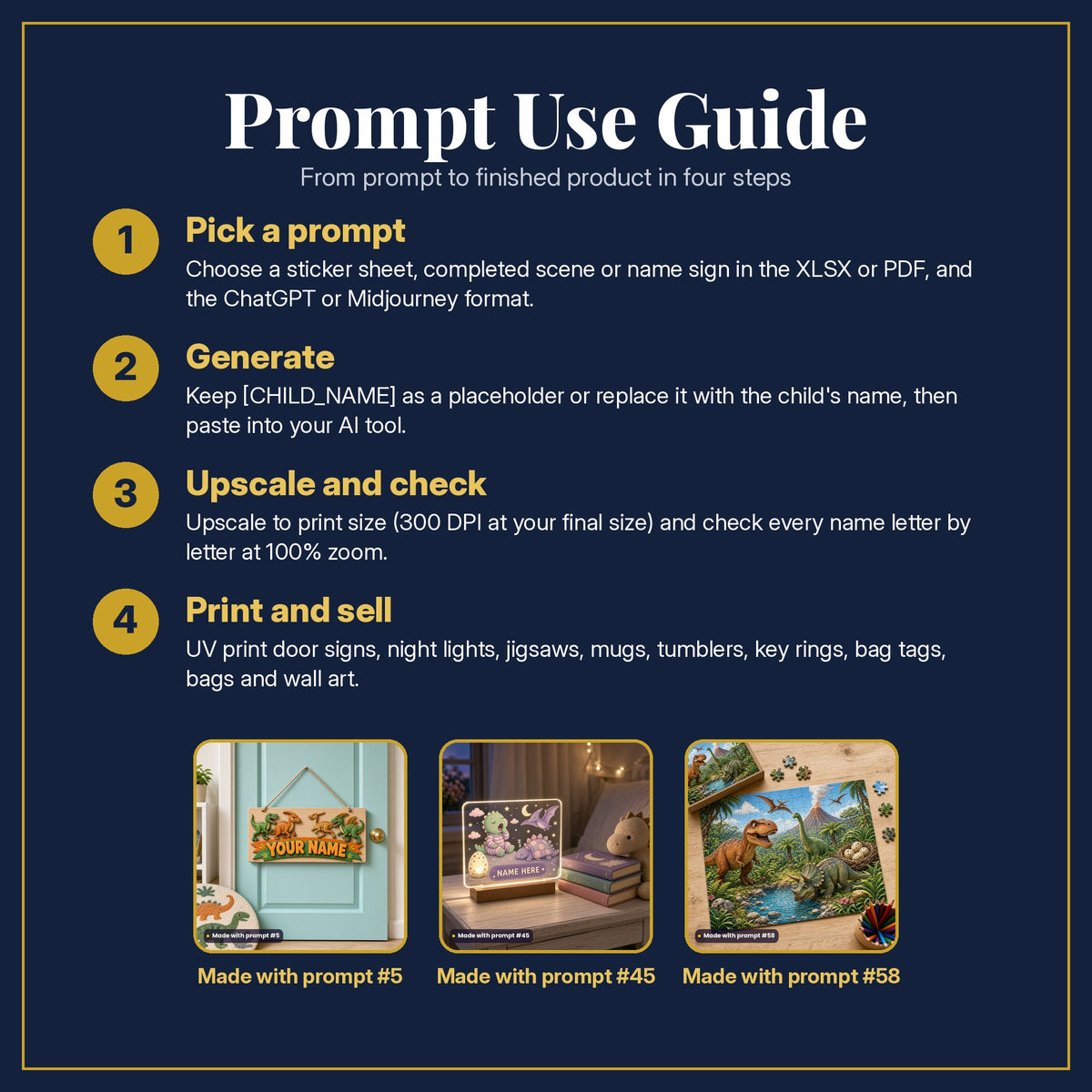 Prompt Use Guide in four steps: pick a prompt, generate, upscale and check, print and sell, with example products made with prompt #5, prompt #45, prompt #58