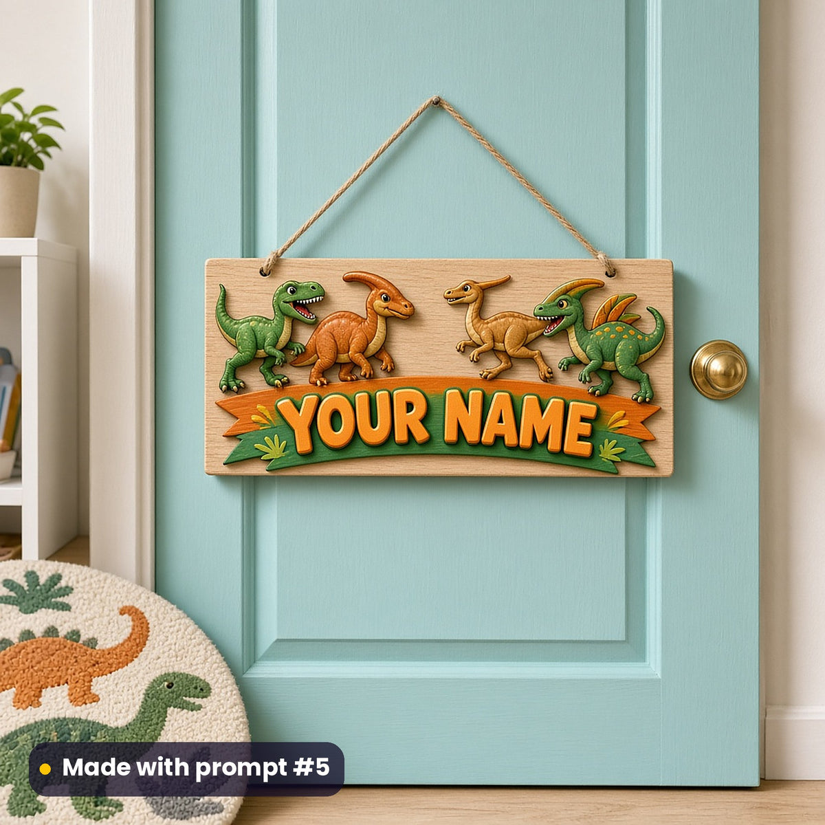 Wooden bedroom door sign on a teal door printed with a velociraptor, parasaurolophus, gallimimus and dilophosaurus above an orange and green YOUR NAME banner, made with prompt #5