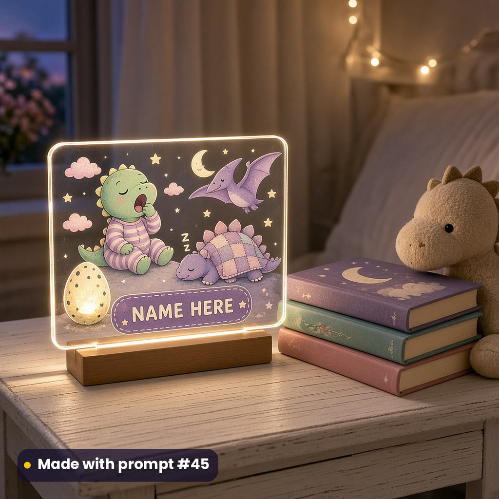 Glowing acrylic night light on a bedside table with a yawning T-Rex in pyjamas, a sleeping stegosaurus under a quilt, a pterosaur and moon, and a NAME HERE plaque in lilac, made with prompt #45