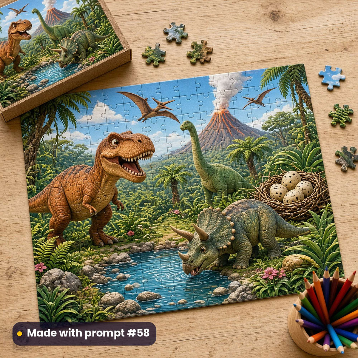 Jigsaw puzzle of a bright prehistoric scene with a T-Rex, a triceratops at a waterhole, a long-neck dinosaur, pterosaurs, a volcano and a nest of eggs, on a wooden table, made with prompt #58