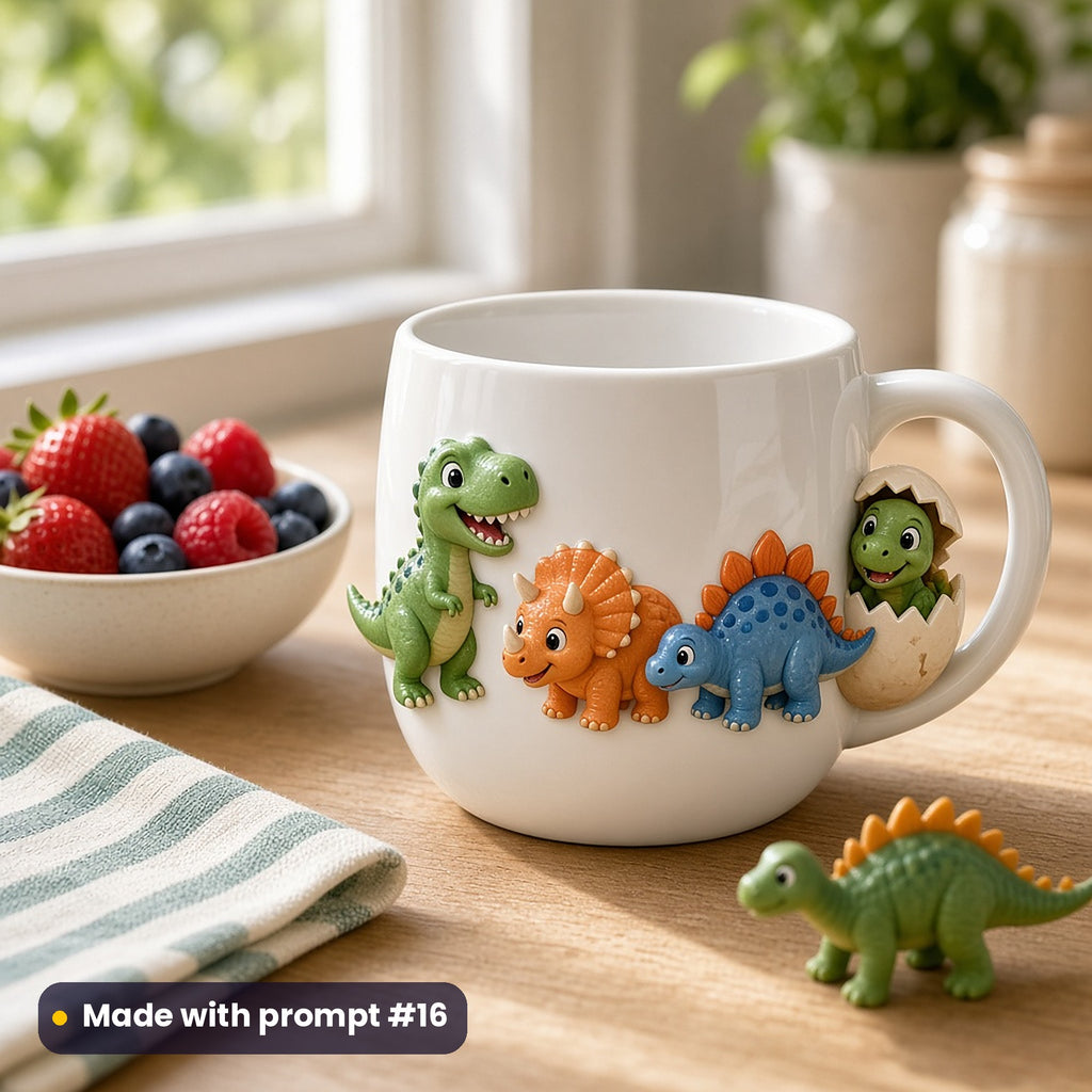 White kids' mug printed with raised-relief baby dinosaurs (baby T-Rex, baby triceratops, baby stegosaurus and a hatching baby) beside a bowl of berries, made with prompt #16