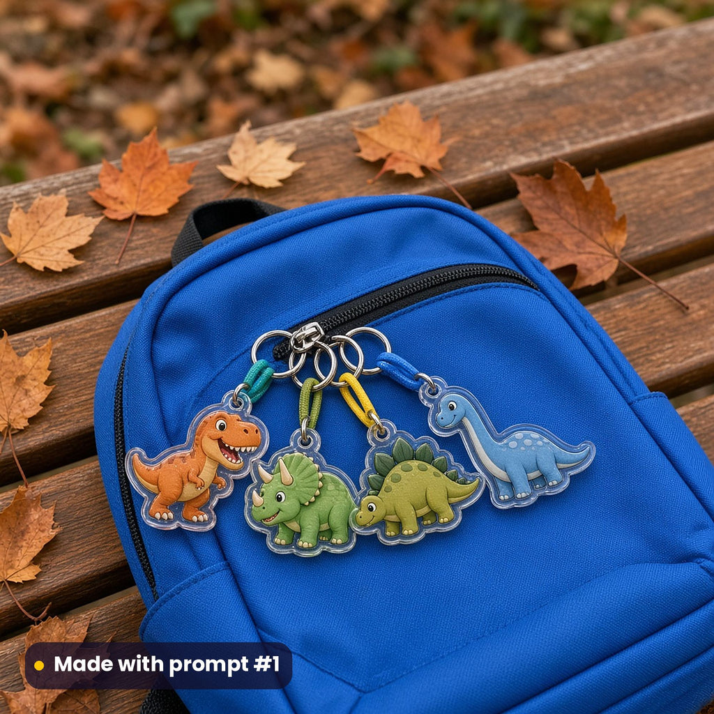 Four acrylic dinosaur key rings (T-Rex, triceratops, stegosaurus and brachiosaurus) clipped to a blue school backpack on a bench, made with prompt #1