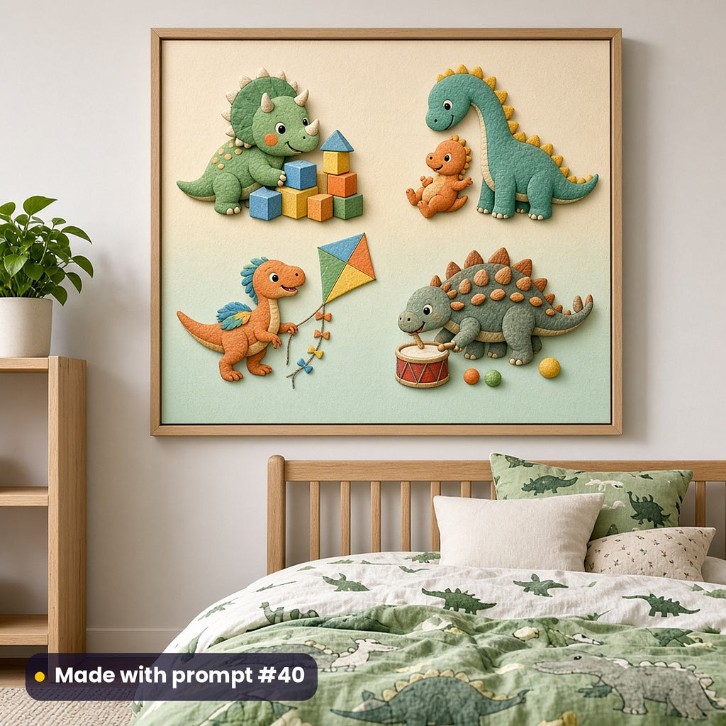 Framed nursery print above a dinosaur duvet showing a triceratops stacking blocks, a long-neck dinosaur with a sliding hatchling, a raptor flying a kite and an ankylosaurus drumming, made with prompt #40