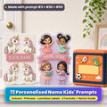 Personalised name prompt pack title card: a white unicorn door plaque with a pink YOUR NAME panel, a lilac acrylic sign with four original cartoon girls waving, dancing, reading and holding a teacup around a NAME HERE banner, and a navy and orange lunchbox with rocket, dinosaur and football motifs around a name panel, made with prompt #3 + #30 + #50