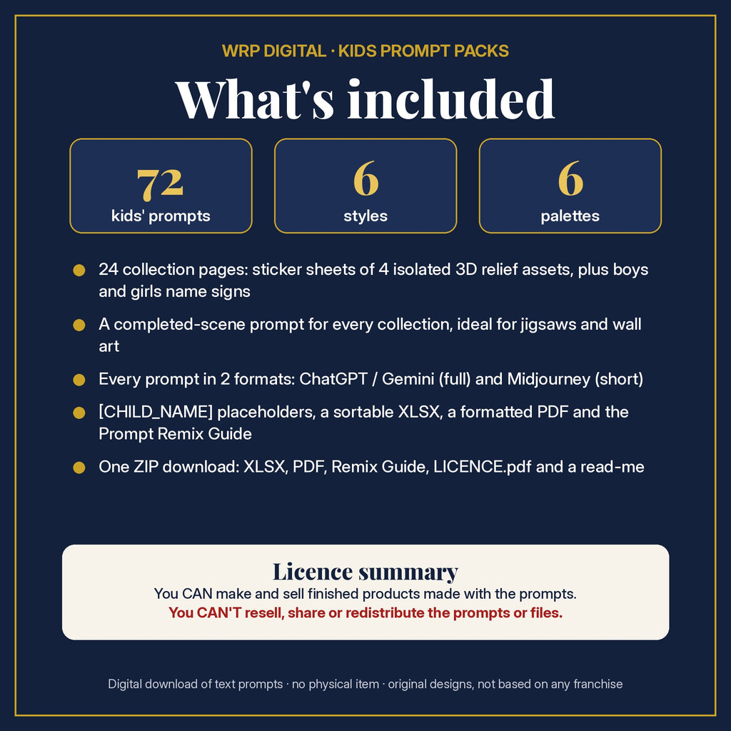 What's included: 72 kids' prompts, 6 styles, 6 palettes, sticker sheets, completed scenes and boys and girls name signs in 2 formats, XLSX and PDF, Prompt Remix Guide, ZIP, and a licence summary