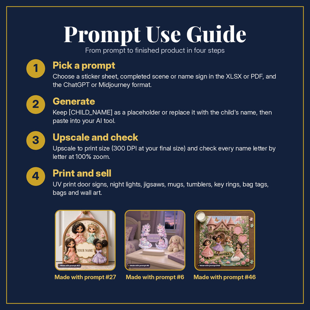 Prompt Use Guide in four steps: pick a prompt, generate, upscale and check, print and sell, with example products made with prompt #27, prompt #6, prompt #46