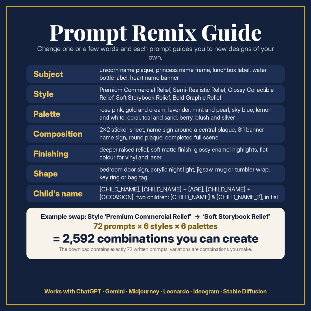Prompt Remix Guide: change subject, style, palette, composition, finishing, shape and the child's name; 72 prompts × 6 styles × 6 palettes = 2,592 combinations you can create