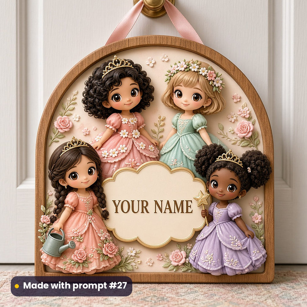 Arched wooden bedroom door sign with four original cartoon princesses in coral, mint, peach and lilac gowns with roses, a watering can and a star wand around a YOUR NAME plaque, made with prompt #27