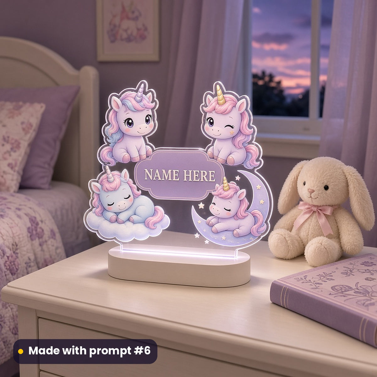 Glowing acrylic night light on a bedside table with a baby unicorn, a winking unicorn, a unicorn asleep on a cloud and a unicorn on a crescent moon around a lilac NAME HERE plaque, made with prompt #6