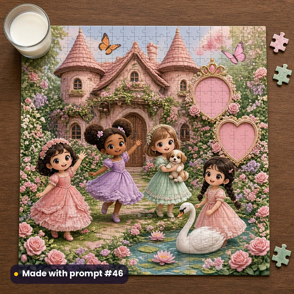 Jigsaw puzzle of a rose garden in front of a pink cottage palace with four original cartoon princesses, a puppy, a swan on a lily pond and two empty crown and heart name frames, made with prompt #46