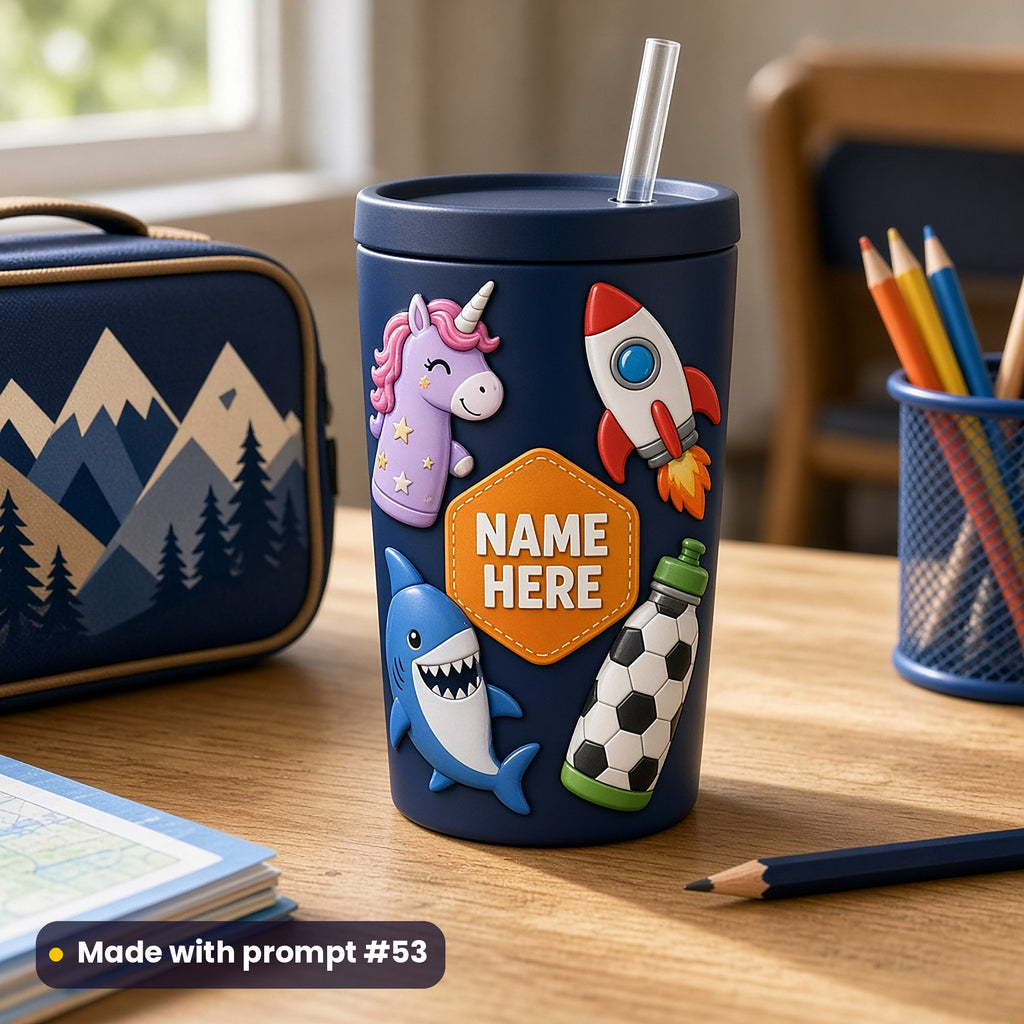 Navy kids' tumbler on a school desk with raised-relief unicorn, rocket, shark and football water bottle designs around an orange NAME HERE badge, made with prompt #53