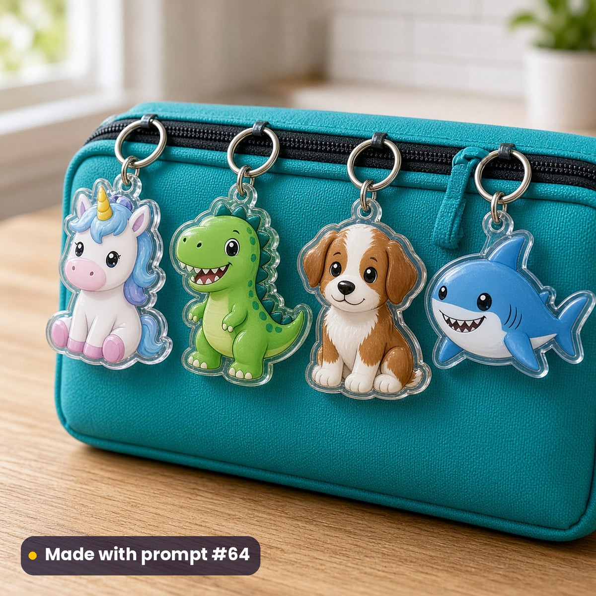 Four acrylic mascot key rings (sitting unicorn, happy dinosaur, puppy and shark) clipped to a teal lunch bag on a kitchen table, made with prompt #64