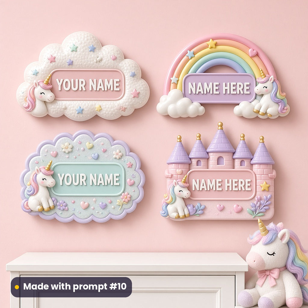 Four raised-relief unicorn name plaques on a pink nursery wall: cloud, rainbow, scalloped and castle-turret shapes with YOUR NAME and NAME HERE panels, made with prompt #10