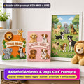 Safari Animals and Dogs prompt pack title card: an acrylic plaque with a lion, giraffe, elephant and zebra around a YOUR NAME banner, a pink sign with a golden retriever puppy, Jack Russell, dachshund and bulldog around a NAME HERE banner, and a framed print of dog breeds playing in a park, made with prompt #2 + #45 + #82