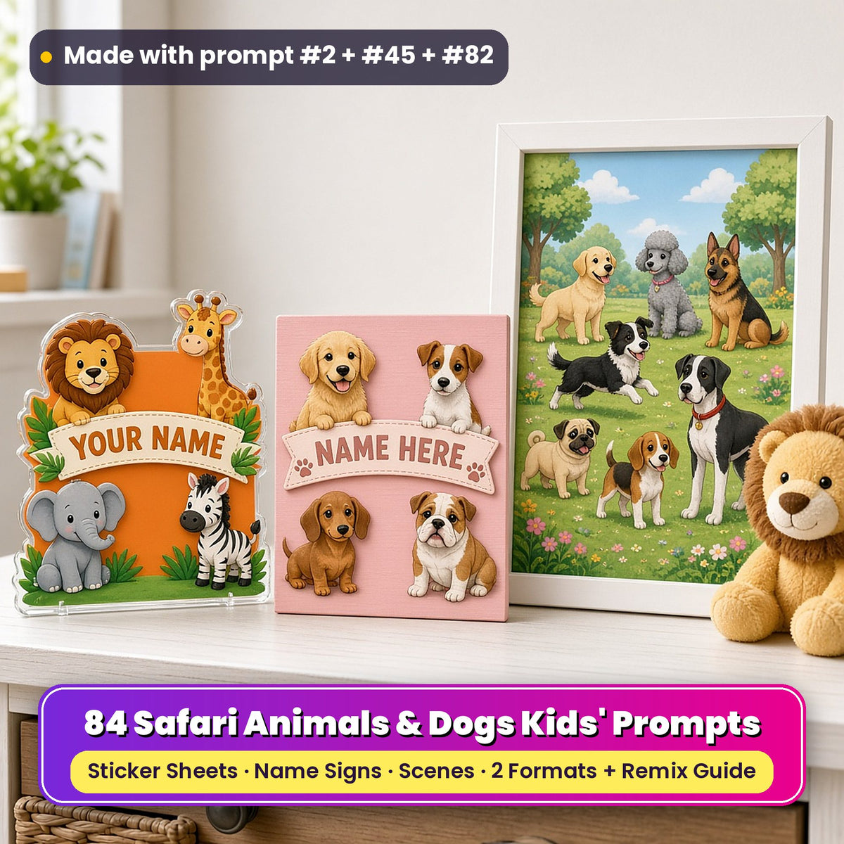 Safari Animals and Dogs prompt pack title card: an acrylic plaque with a lion, giraffe, elephant and zebra around a YOUR NAME banner, a pink sign with a golden retriever puppy, Jack Russell, dachshund and bulldog around a NAME HERE banner, and a framed print of dog breeds playing in a park, made with prompt #2 + #45 + #82