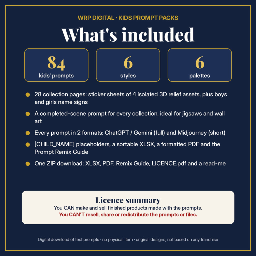 What's included: 84 kids' prompts, 6 styles, 6 palettes, sticker sheets, completed scenes and boys and girls name signs in 2 formats, XLSX and PDF, Prompt Remix Guide, ZIP, and a licence summary