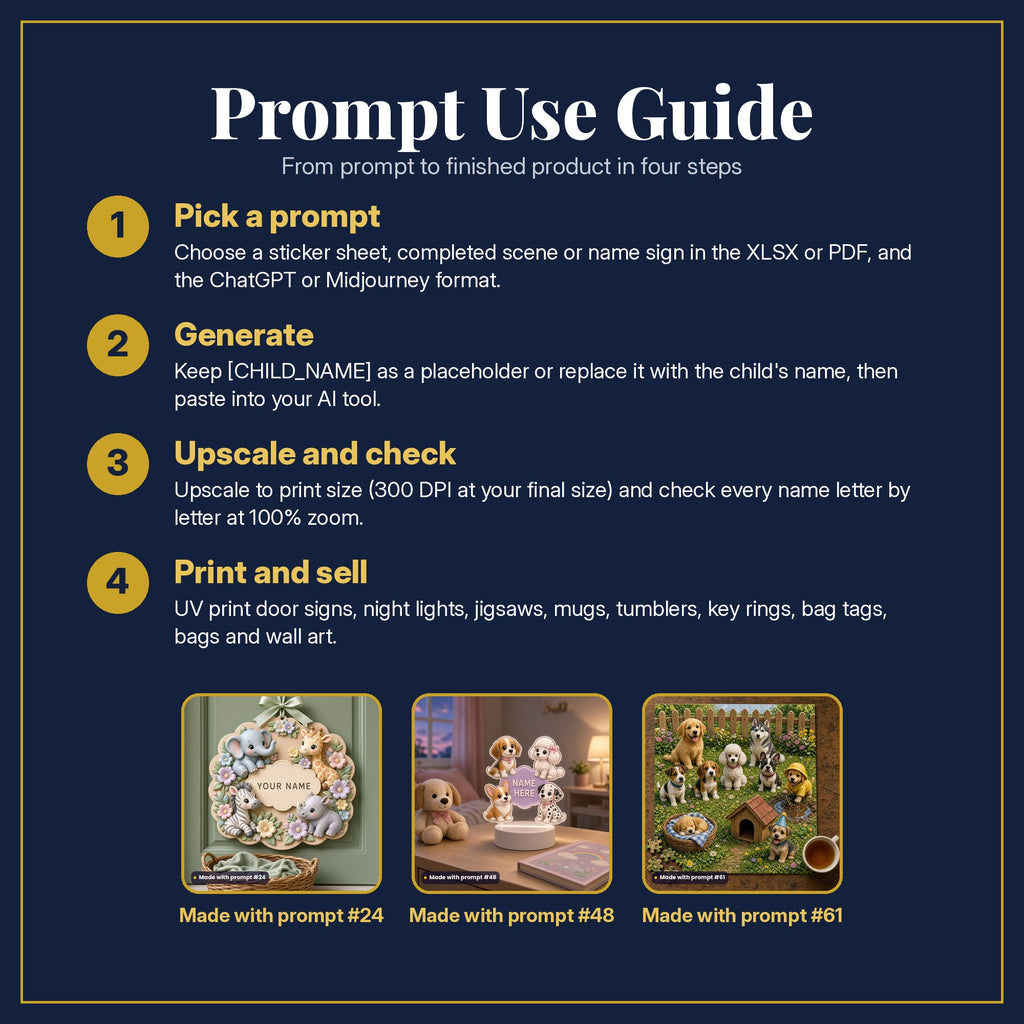Prompt Use Guide in four steps: pick a prompt, generate, upscale and check, print and sell, with example products made with prompt #24, prompt #48, prompt #61