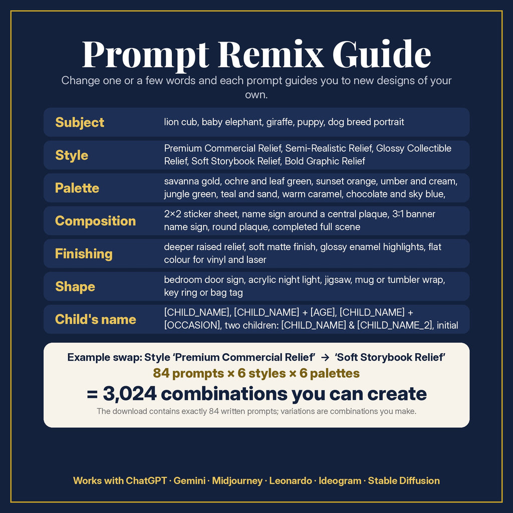 Prompt Remix Guide: change subject, style, palette, composition, finishing, shape and the child's name; 84 prompts × 6 styles × 6 palettes = 3,024 combinations you can create