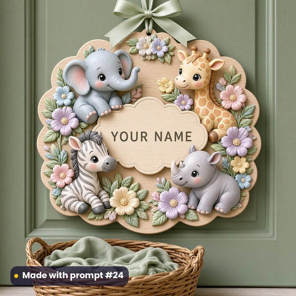 Scalloped wooden nursery door sign on a sage green door with a baby elephant, baby giraffe, zebra foal and rhino calf among pastel flowers around a YOUR NAME plaque, made with prompt #24