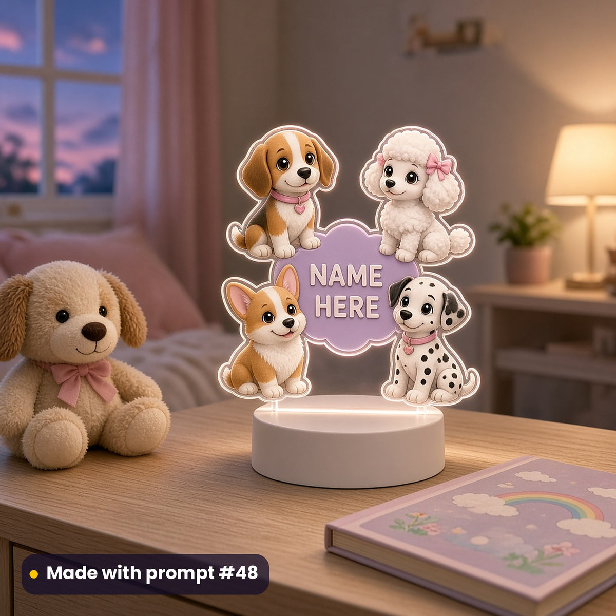 Glowing acrylic night light with a beagle pup, a white poodle, a corgi and a dalmatian pup around a lilac NAME HERE cloud, beside a plush puppy, made with prompt #48