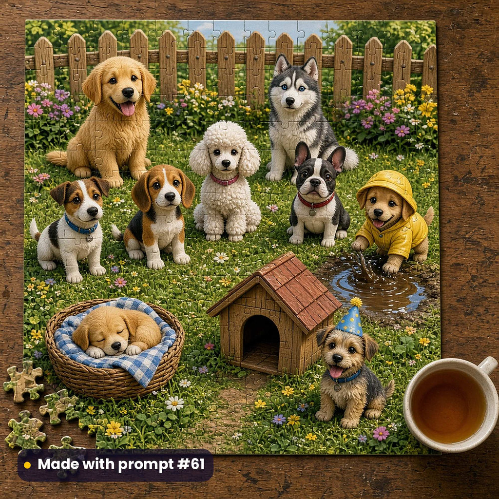 Jigsaw puzzle of a back garden full of funny dogs: a golden retriever puppy, Jack Russell, beagle, poodle, husky, French bulldog, a puppy in a party hat, a dog in a raincoat, a puppy asleep in a basket and a kennel, made with prompt #61