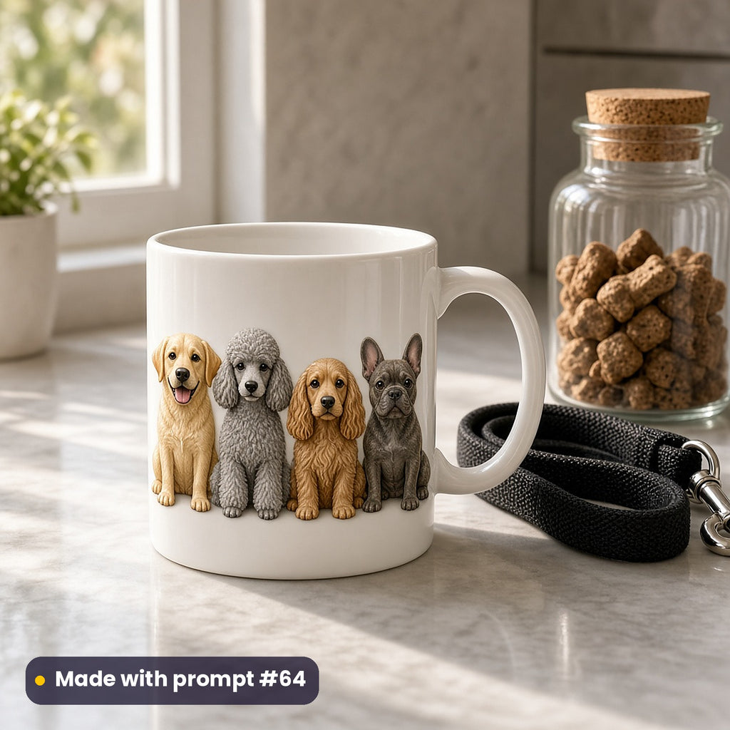 White mug with raised-relief labrador, standard poodle, cocker spaniel and French bulldog beside a dog lead and a jar of treats, made with prompt #64