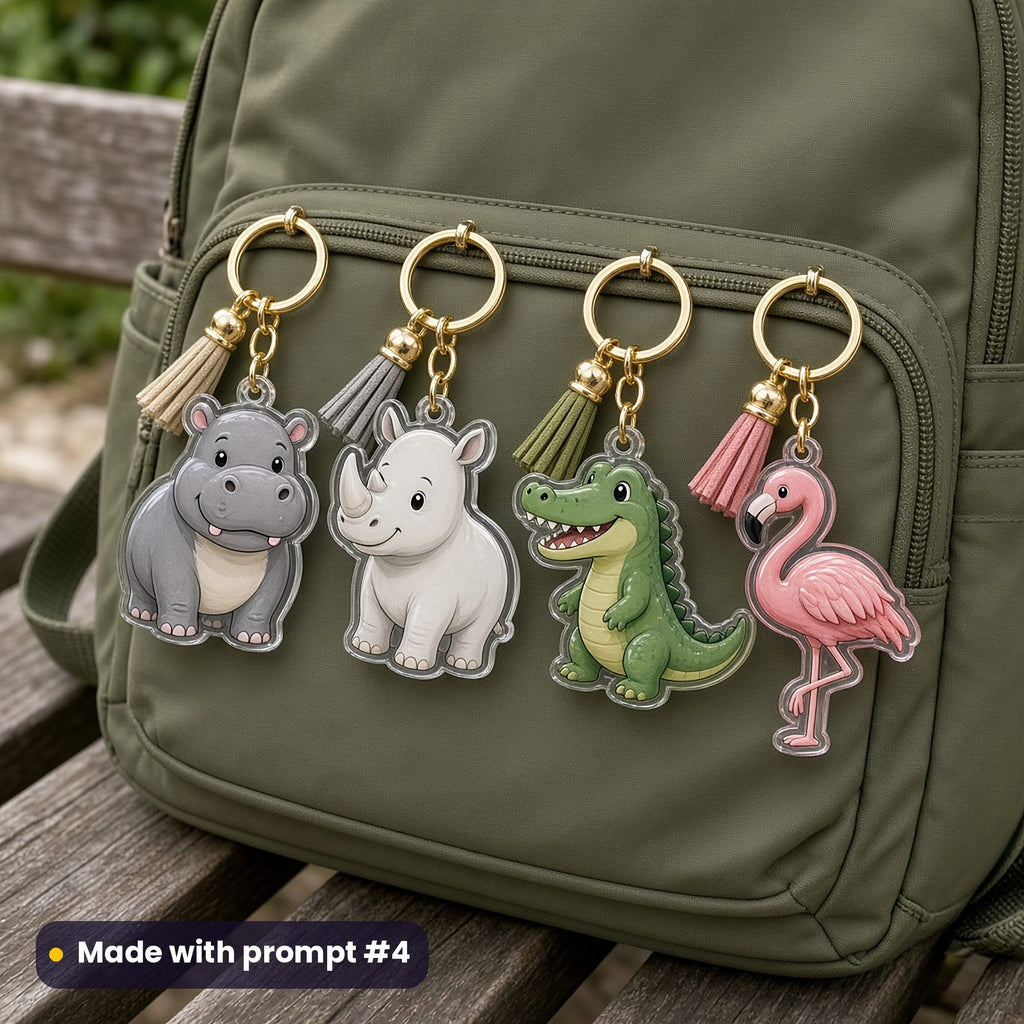 Four acrylic waterhole animal key rings (hippo, white rhino, crocodile and flamingo) with tassels on a khaki backpack, made with prompt #4