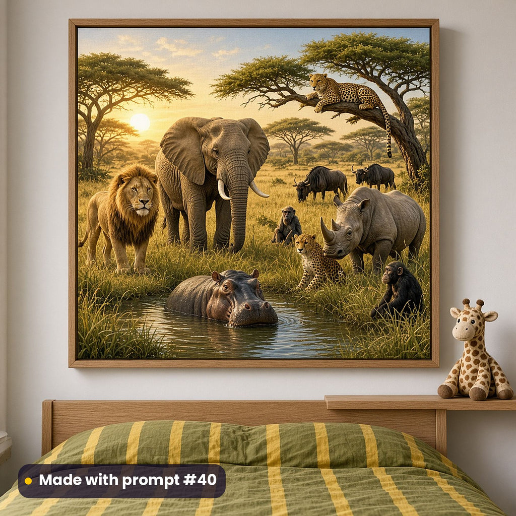 Framed savanna print above a striped duvet with a lion, elephant, hippo in a waterhole, white rhino, cheetah, leopard in an acacia tree, wildebeest, baboon and chimpanzee, made with prompt #40