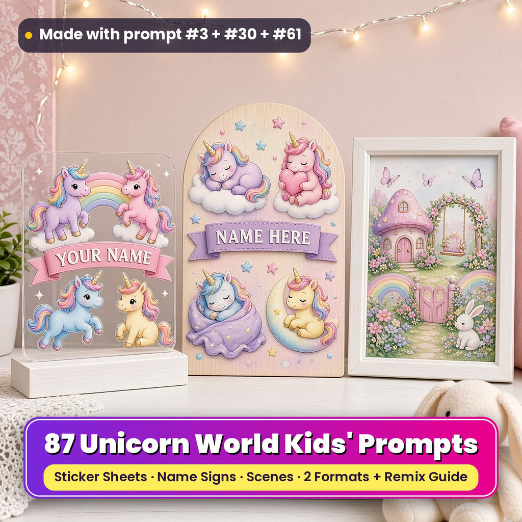 Unicorn World prompt pack title card: a clear acrylic plaque with four rainbow-mane unicorns around a pink YOUR NAME banner, an arched wooden sign with sleepy baby unicorns and a NAME HERE banner, and a framed unicorn garden print with a mushroom house and swing, made with prompt #3 + #30 + #61