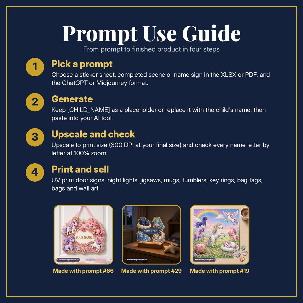 Prompt Use Guide in four steps: pick a prompt, generate, upscale and check, print and sell, with example products made with prompt #66, prompt #29, prompt #19