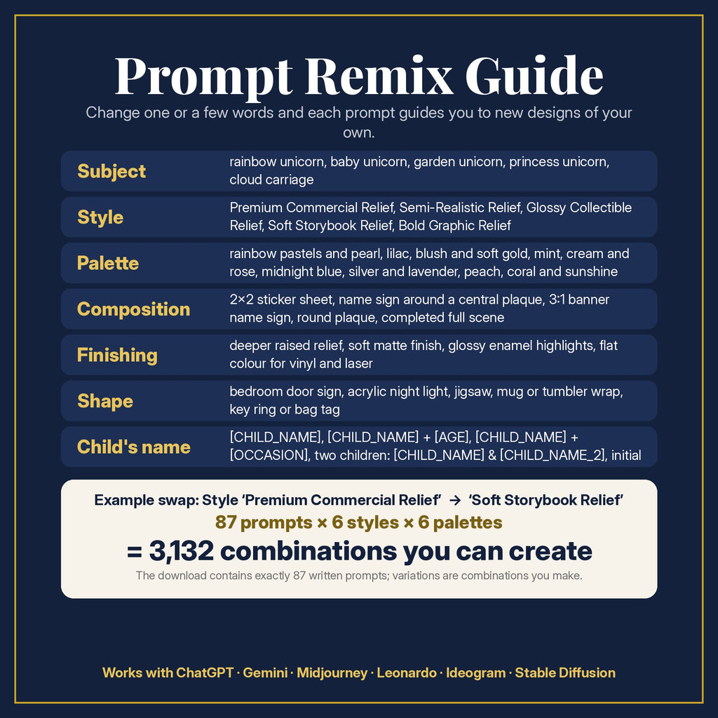 Prompt Remix Guide: change subject, style, palette, composition, finishing, shape and the child's name; 87 prompts × 6 styles × 6 palettes = 3,132 combinations you can create
