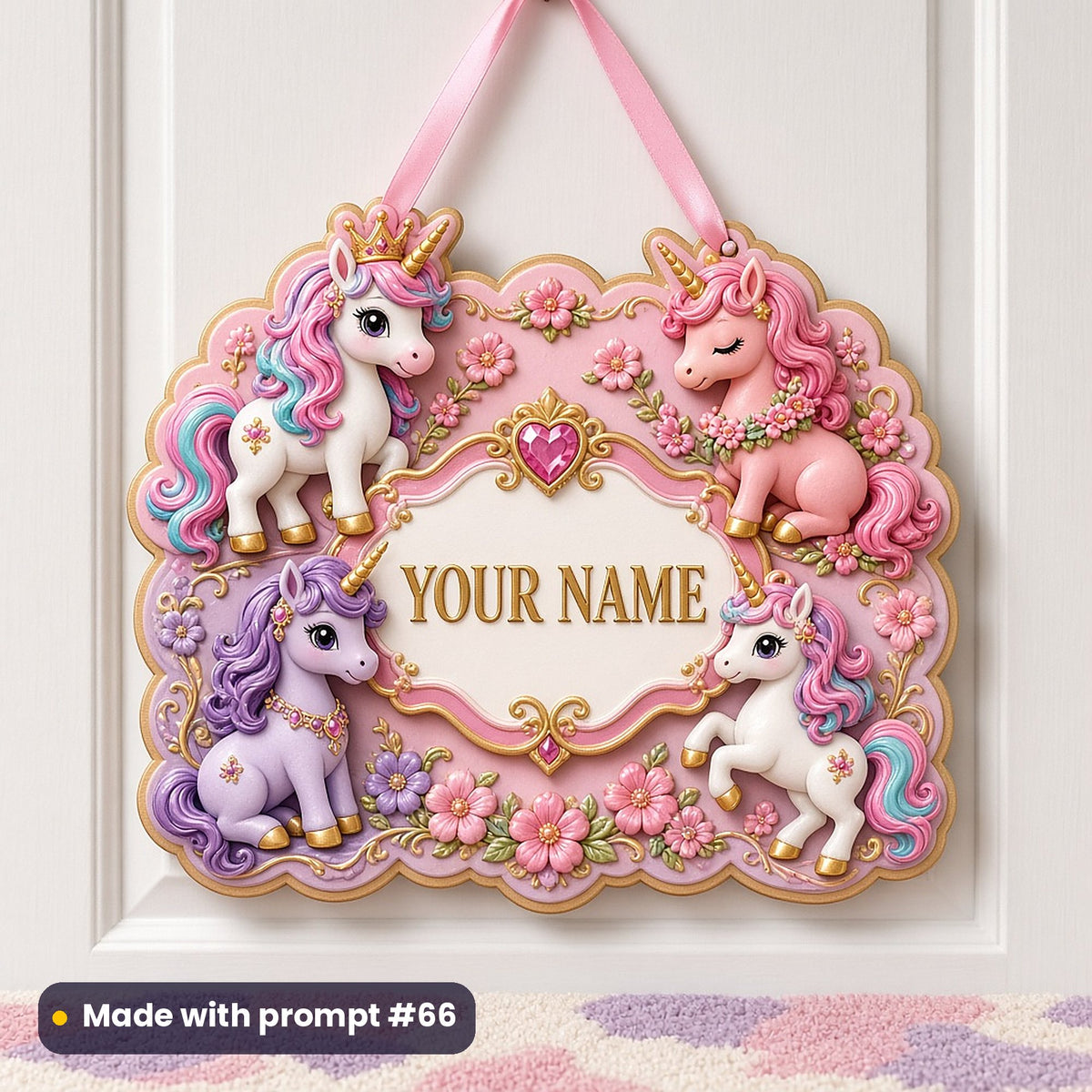 Scalloped pink and gold bedroom door sign on a white door with four princess unicorns (crowned rainbow unicorn, rosebud unicorn, lavender jewel unicorn and golden-hoof unicorn) around a YOUR NAME plaque, made with prompt #66