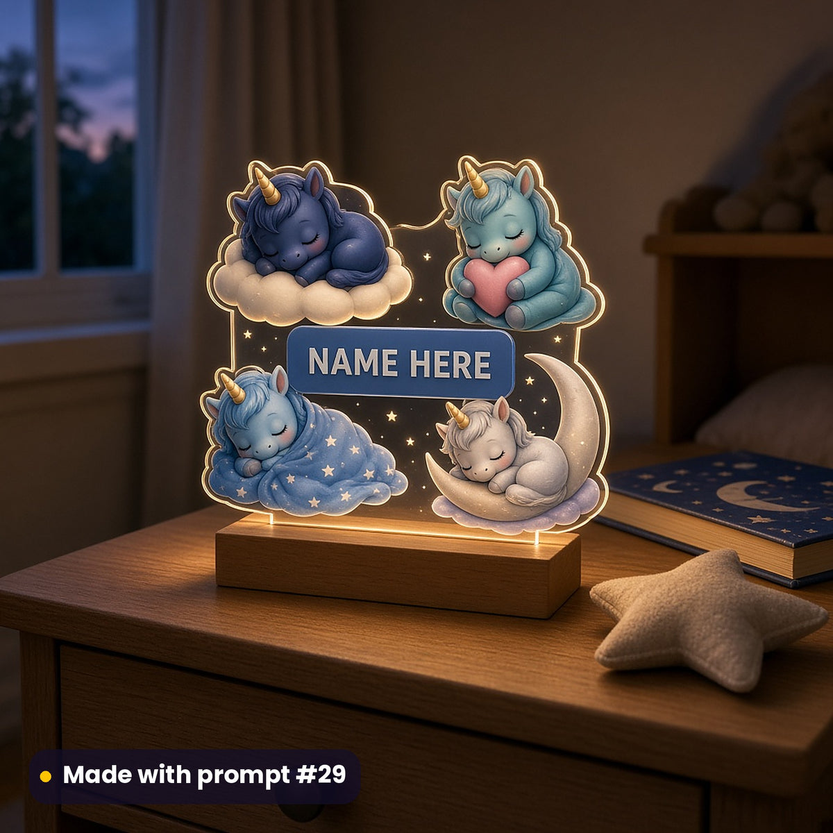 Glowing acrylic night light on a bedside table with four sleepy baby unicorns in navy, teal and silver, on a cloud, hugging a heart, under a blanket and on a moon, around a blue NAME HERE plaque, made with prompt #29