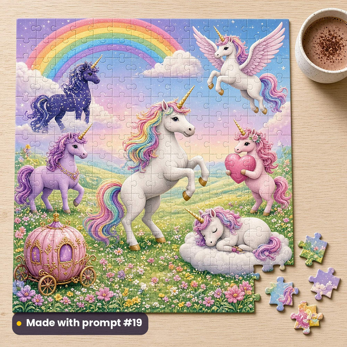 Jigsaw puzzle of a rainbow unicorn meadow with a rearing rainbow-mane unicorn, a winged unicorn, a starry unicorn, a unicorn hugging a heart, a sleeping unicorn on a cloud and a pink pumpkin carriage, beside a mug of cocoa, made with prompt #19