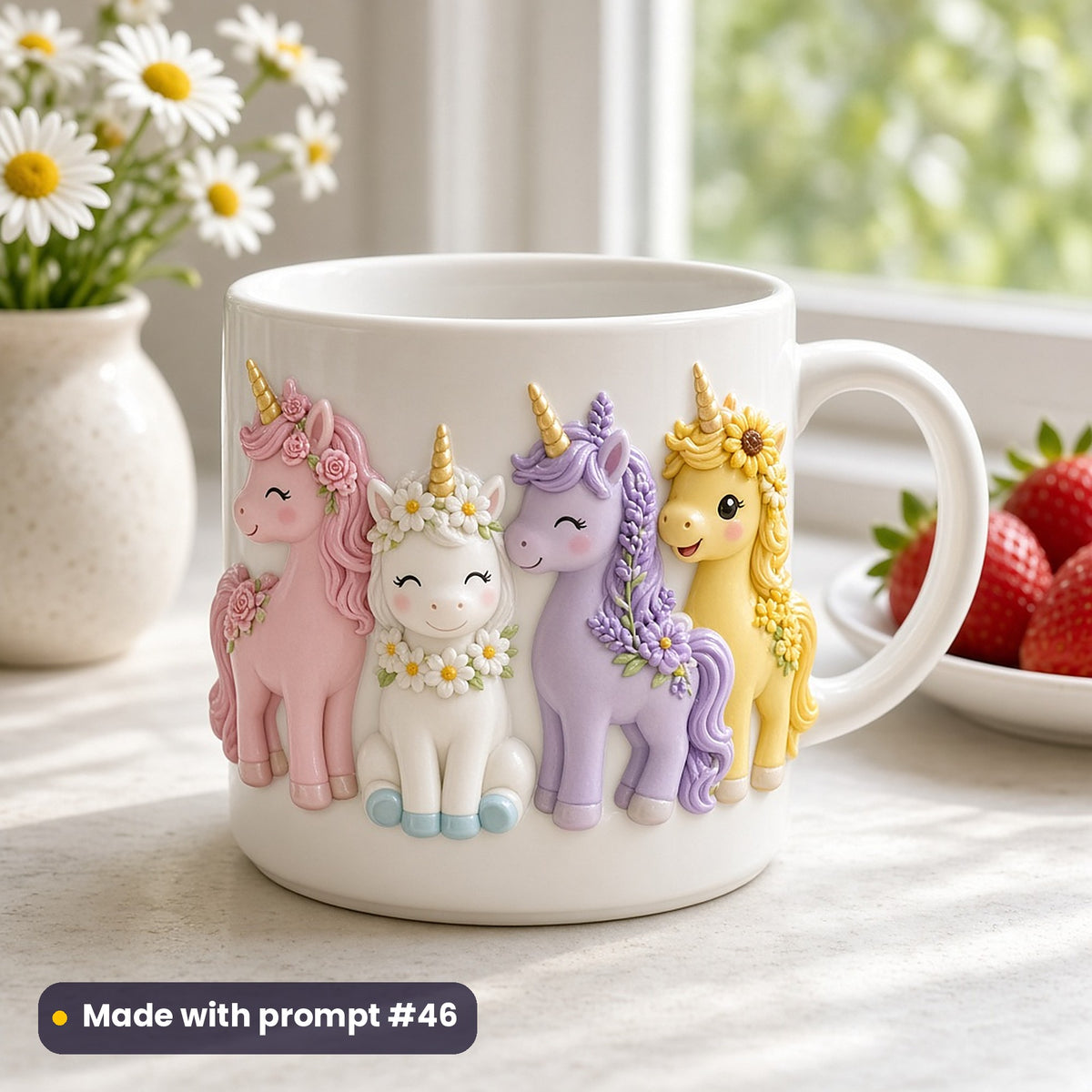 White kids' mug with raised-relief rose, daisy, lavender and sunflower unicorns on a sunny windowsill beside daisies and strawberries, made with prompt #46