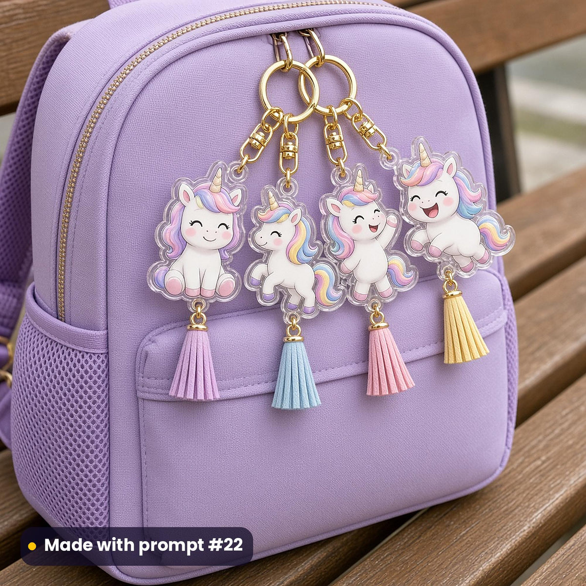 Four acrylic baby unicorn key rings with pastel tassels (sitting, prancing, waving and bouncing) clipped to a lilac backpack on a bench, made with prompt #22