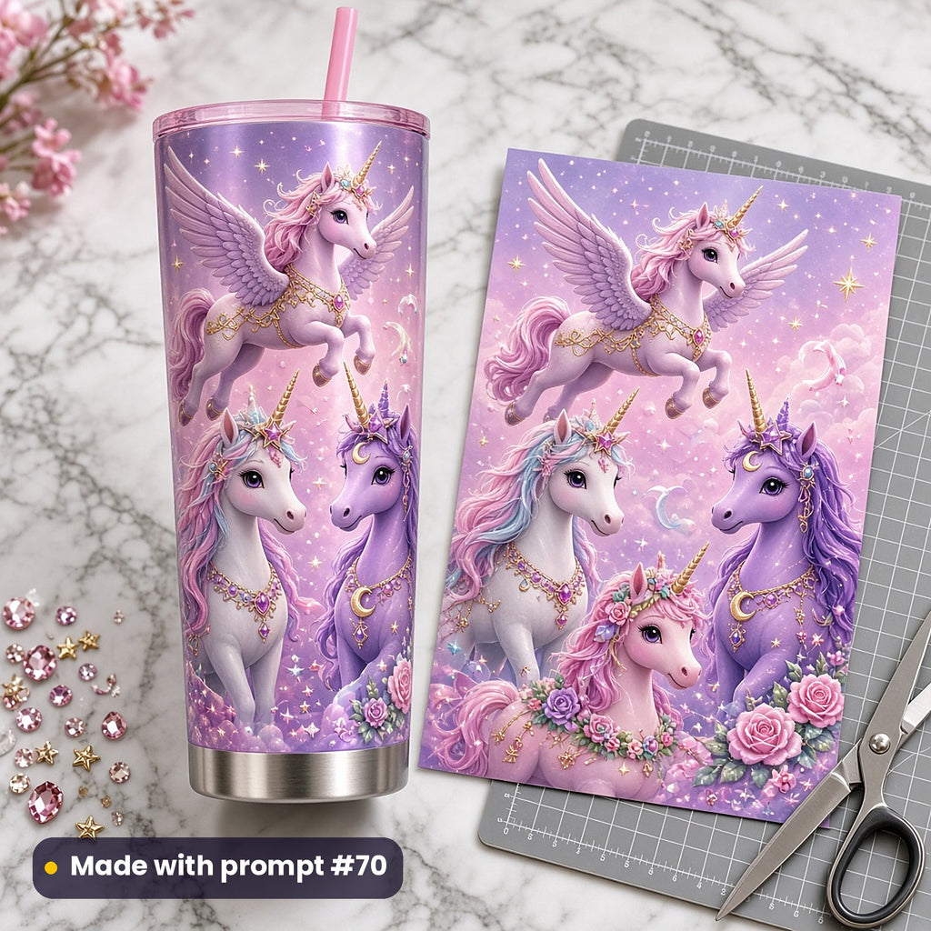 Lilac skinny tumbler and a matching printed tumbler wrap on a cutting mat, showing a winged princess unicorn, a star-tiara unicorn, a moon princess unicorn and a rose princess unicorn, made with prompt #70