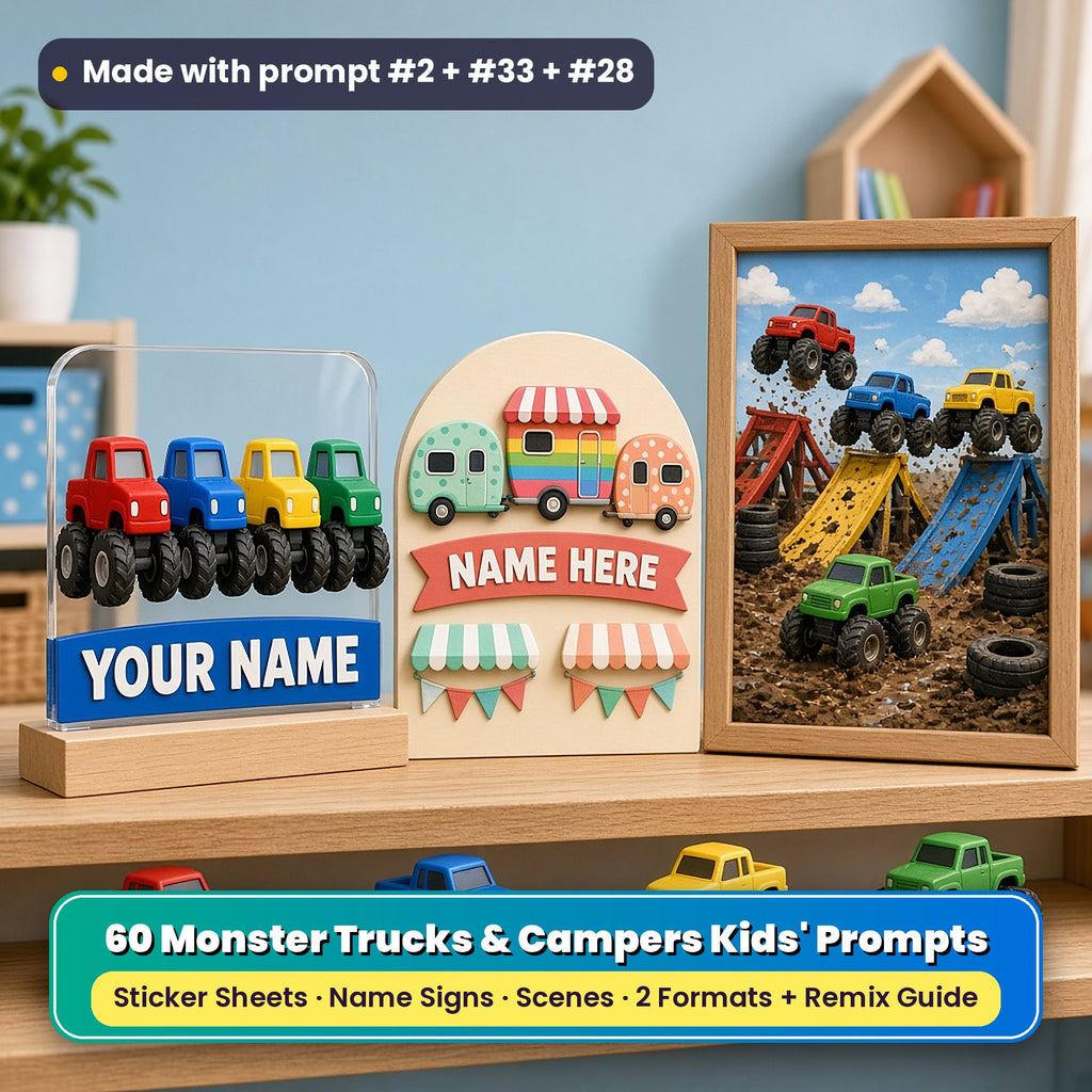 Monster Trucks and Campers prompt pack title card: a clear acrylic plaque of four monster trucks above a YOUR NAME banner, a cream sign with teardrop caravans and a NAME HERE banner, and a framed monster-truck rally scene, made with prompt #2 + #33 + #28