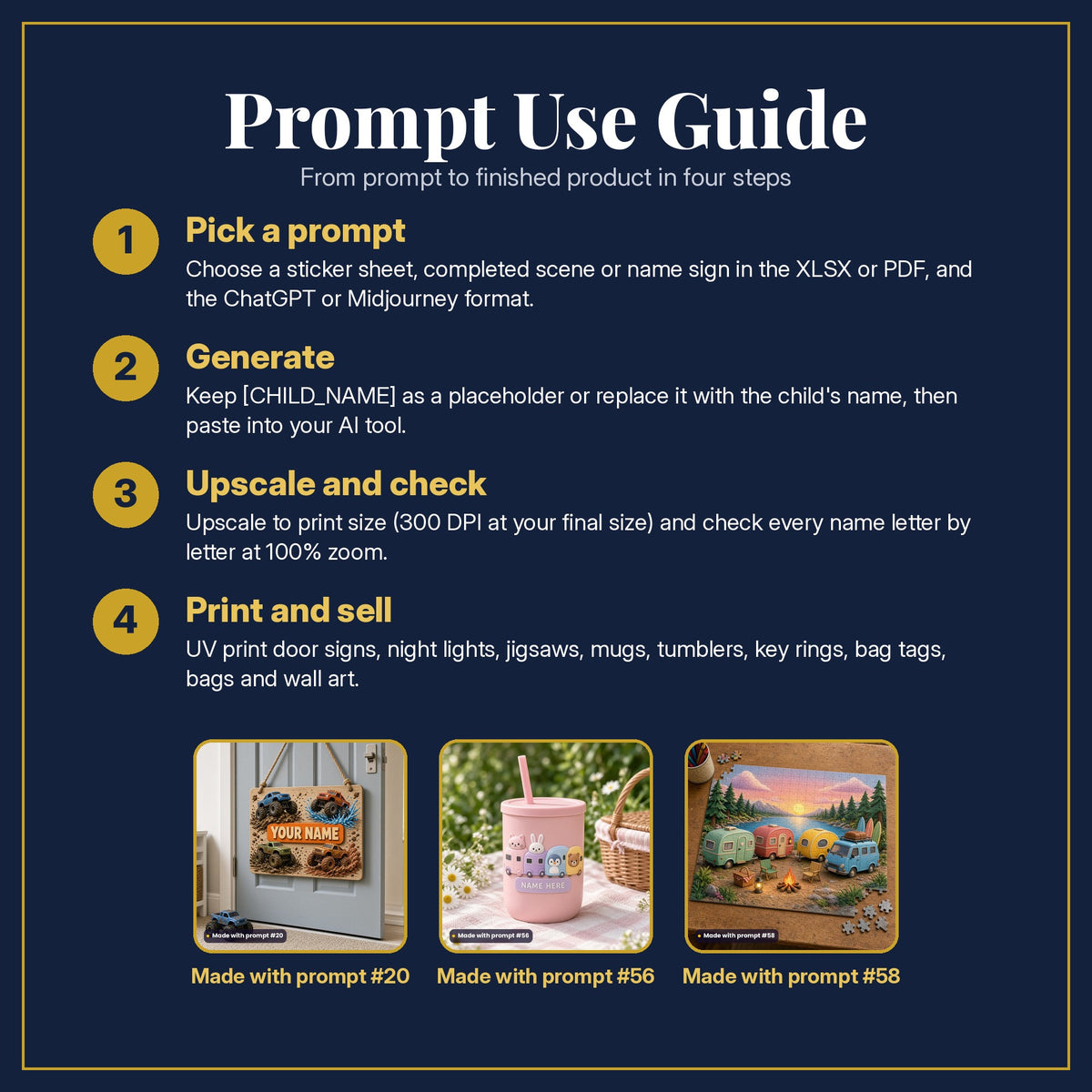 Prompt Use Guide in four steps: pick a prompt, generate, upscale and check, print and sell, with example products made with prompt #20, prompt #56, prompt #58