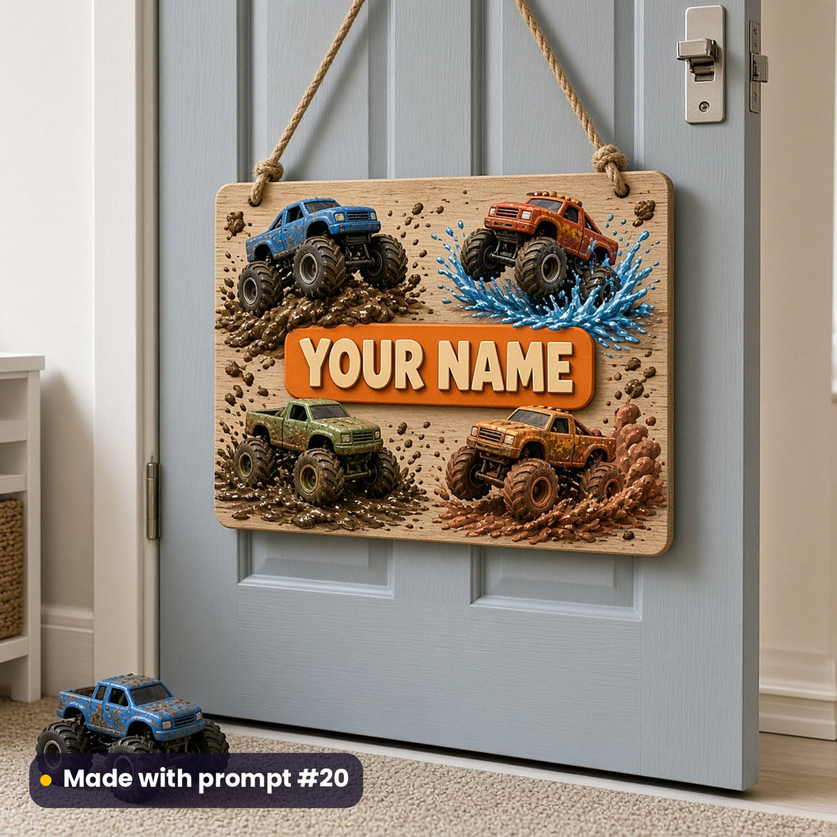Wooden bedroom door sign hanging on a grey-blue door, printed with four 3D monster trucks splashing through mud and puddles around an orange YOUR NAME banner, made with prompt #20