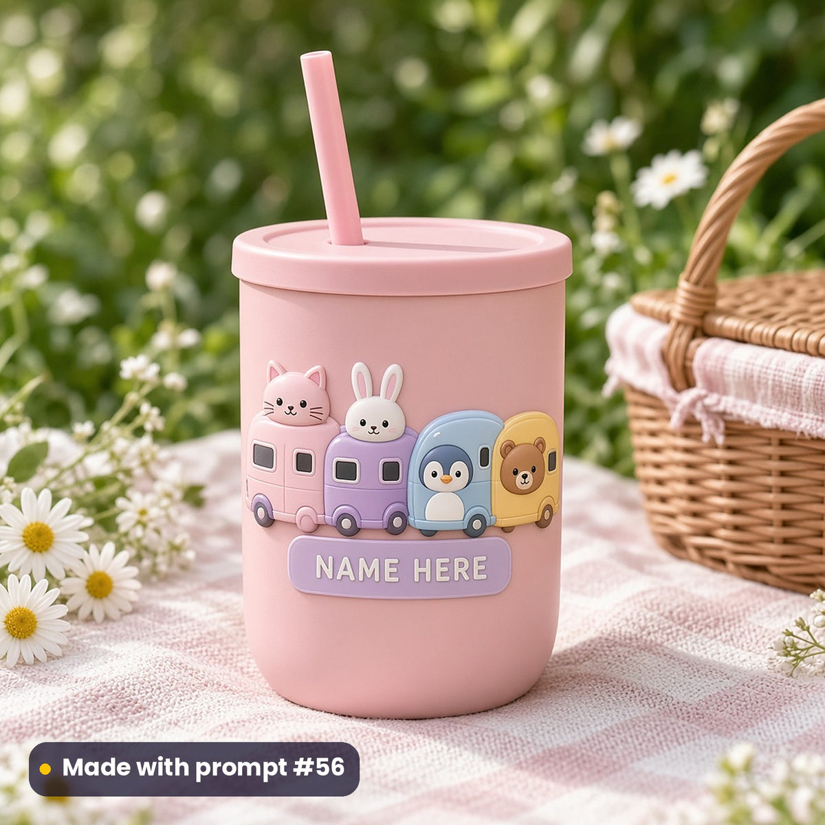 Pink kids' tumbler with a straw on a picnic blanket, printed with kitten, bunny, penguin and bear camper vans above a NAME HERE plaque, made with prompt #56
