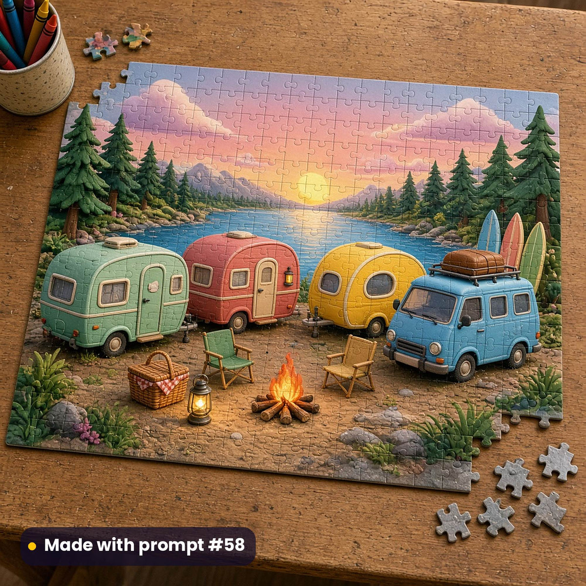 Jigsaw puzzle of a lakeside campsite at sunset with three teardrop caravans, a boxy blue campervan with surfboards, camping chairs and a campfire, on a wooden table, made with prompt #58