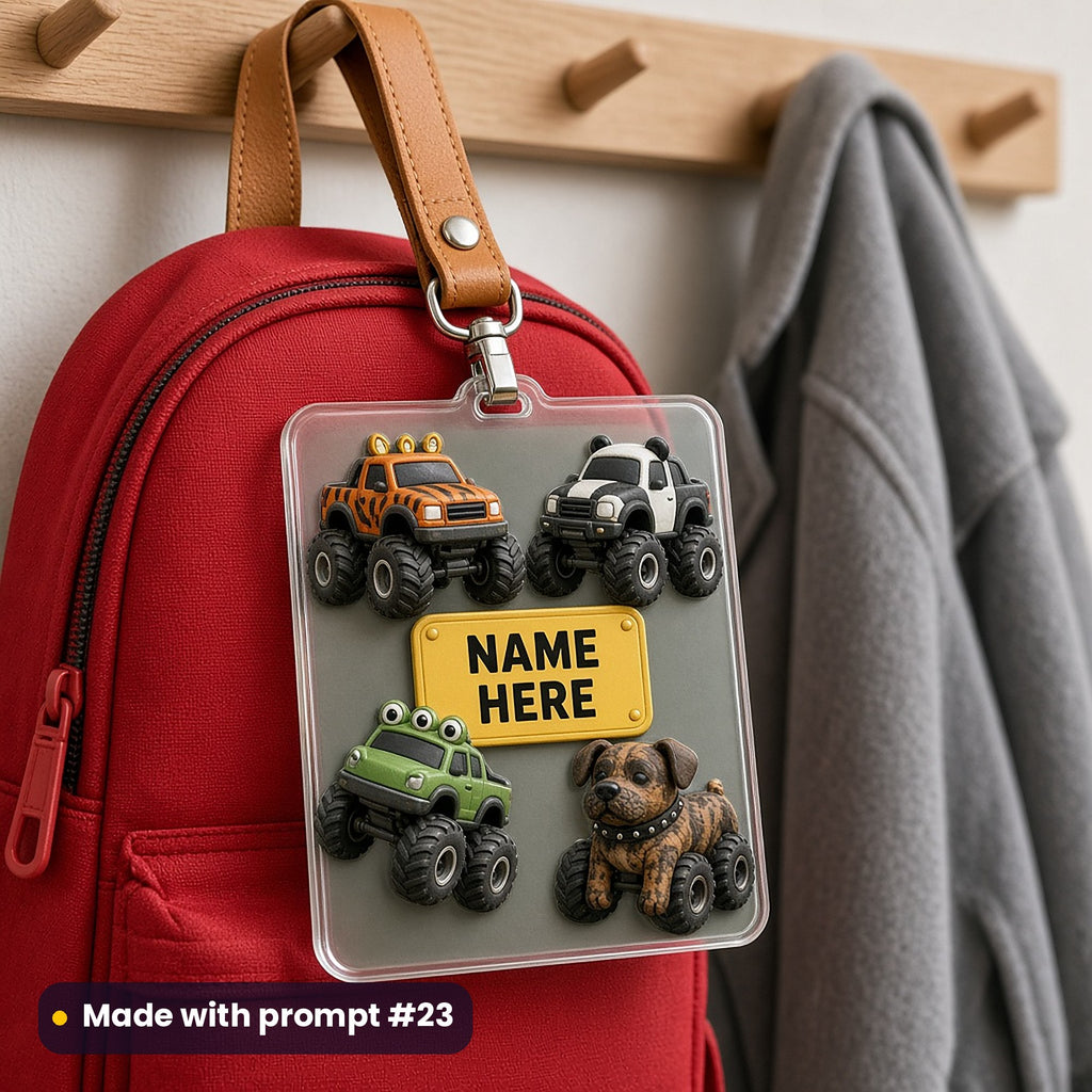 Clear acrylic bag tag on a red school backpack, printed with tiger-stripe, panda-patch, frog-lamp and bulldog monster trucks around a yellow NAME HERE plaque, made with prompt #23