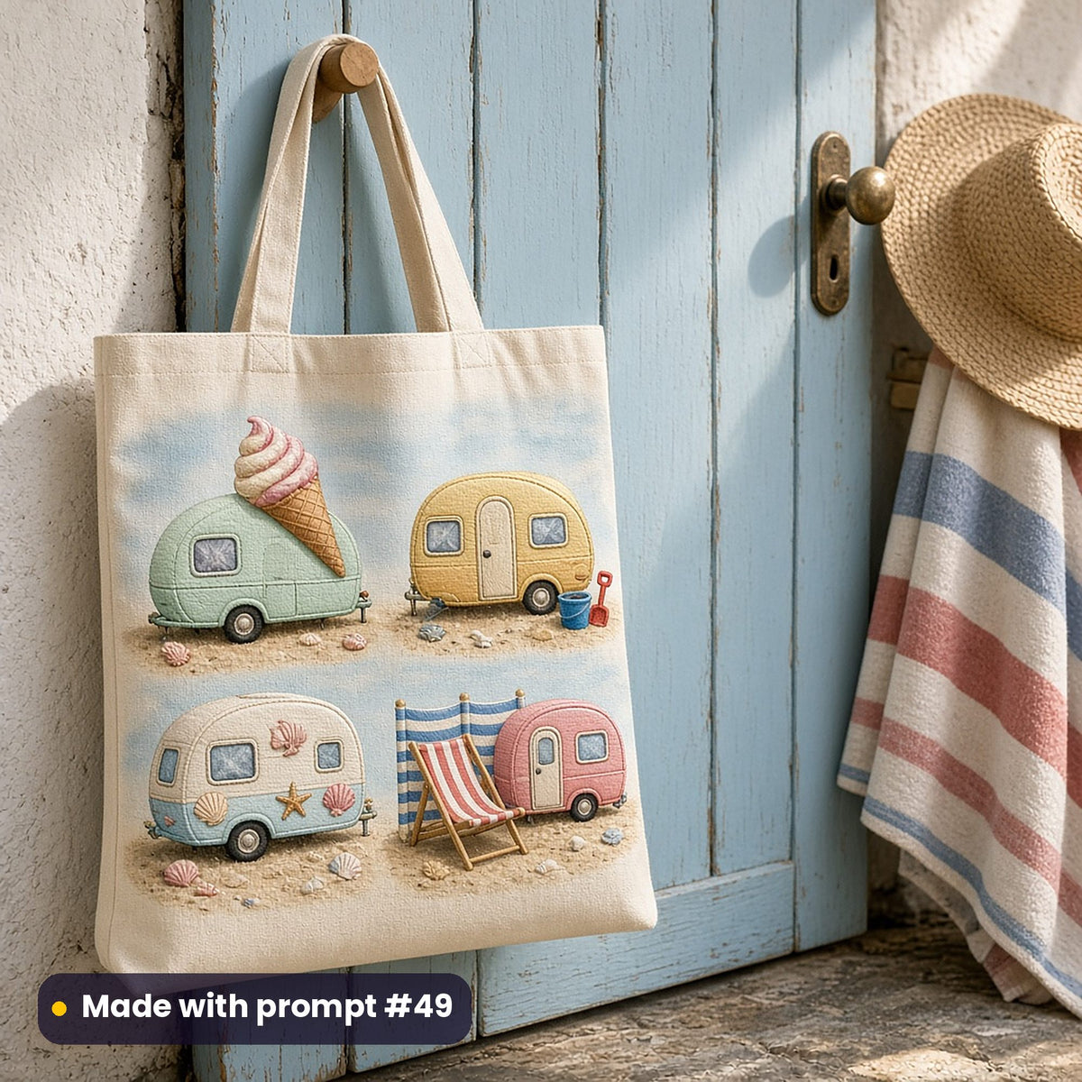 Canvas tote bag hanging on a blue beach-hut door, printed with seaside caravans, an ice cream, a deckchair and a bucket and spade, made with prompt #49