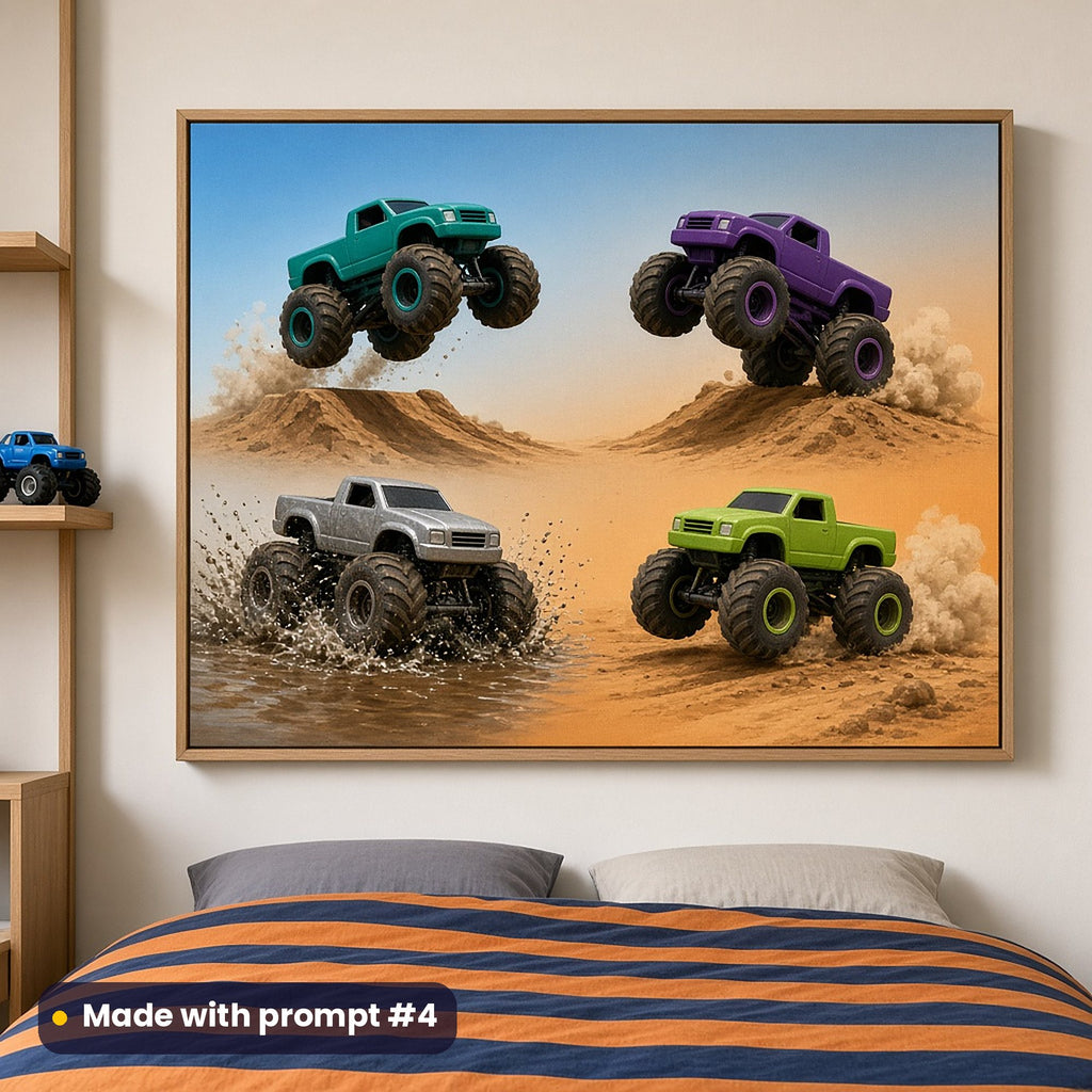 Framed canvas print above a striped duvet showing teal, purple, silver and lime monster trucks jumping ramps, doing a wheelie and splashing through mud, made with prompt #4