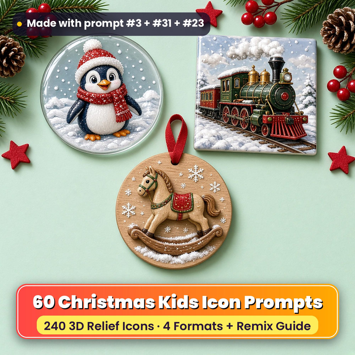 Christmas Kids Icon Sheets prompt pack title card: a glass coaster with a penguin in a red bobble hat and scarf, a ceramic tile with a green and red steam train in the snow and a wooden ornament with a rocking horse, on a mint table with pine and berries, made with prompt #3 + #31 + #23