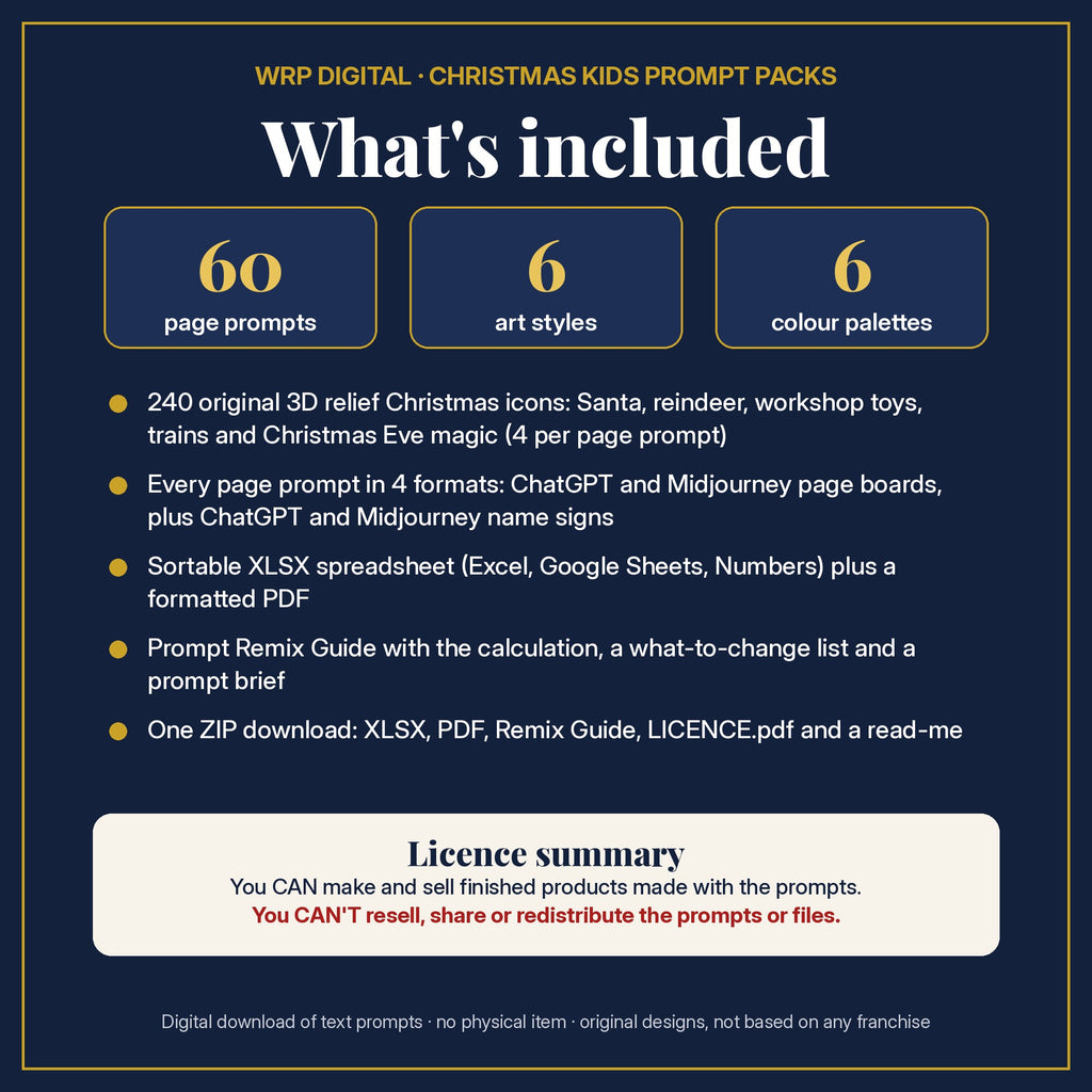 Navy and gold What's included page for the Christmas Kids Icon Sheets Prompt Pack: 60 page prompts, 6 art styles and 6 colour palettes, 240 3D relief icons in 4 formats, XLSX and PDF, Prompt Remix Guide, one ZIP download and a licence summary