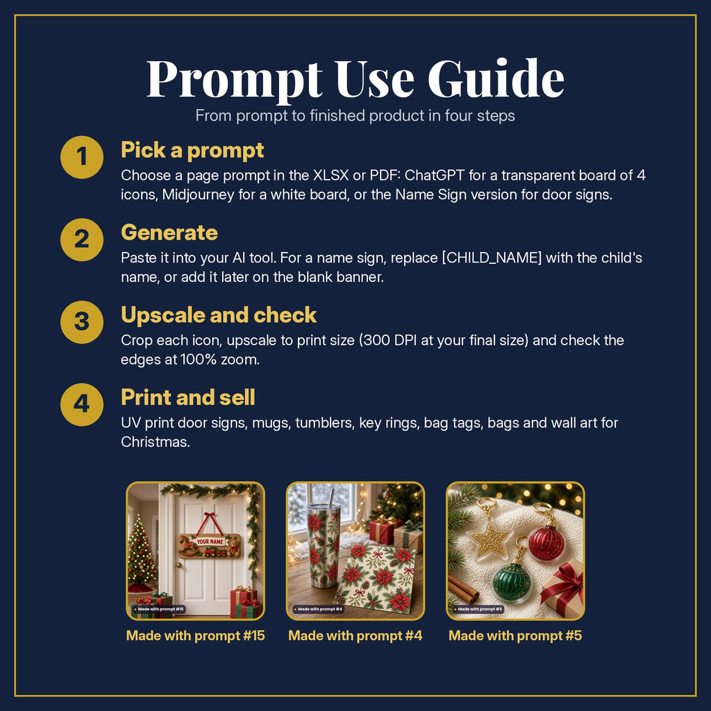 Navy and gold Prompt Use Guide page with four steps, pick a prompt, generate, upscale and check, print and sell, and three example products made with prompts #15, #4 and #5